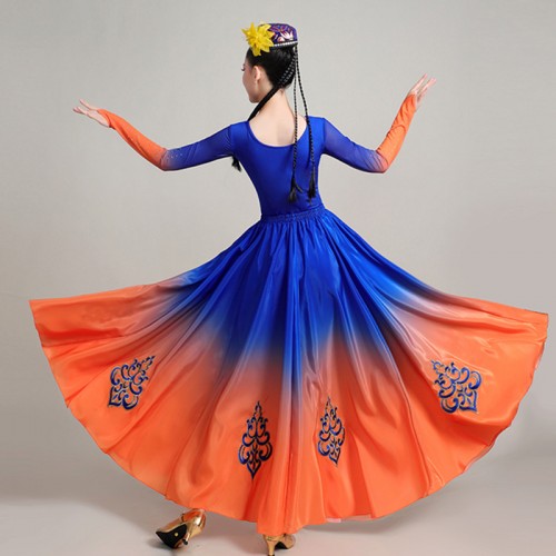 Blue with orange Xinjiang dance dresses for women chinese folk dance costume female minority practice big swing skirt Uighur opening dance dress 